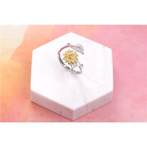 Sunflower Ring Sterling Silver You are My Sunshine CZ Ring 100 Languages - Picture 5 of 7